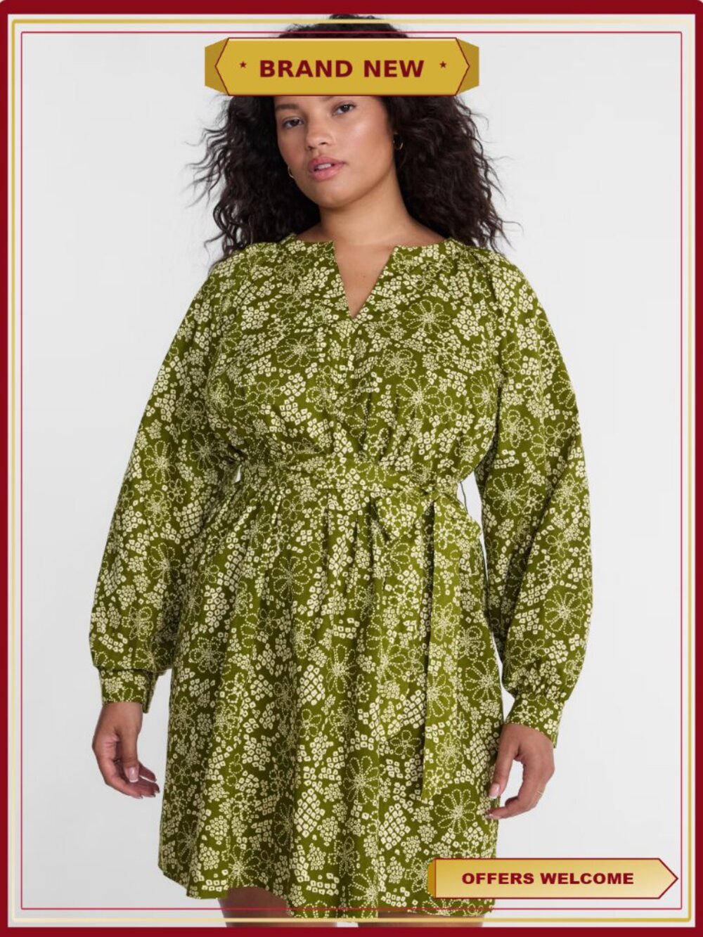 Cotton Balloon Sleeve Tie Waist Tunic Dress